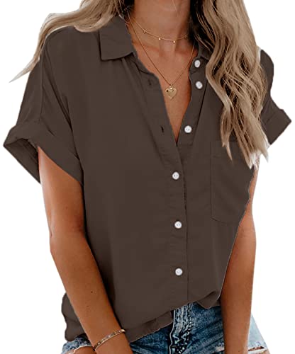 Beautife Womens Short Sleeve Shirts V Neck Collared Button Down Shirt Tops with Pockets (Small, Coffee)