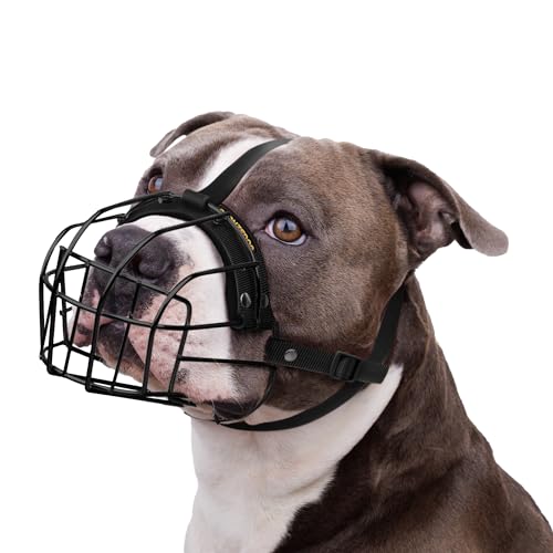 Dog Muzzle for Pitbulls Metal Wire Basket Amstaff Mask for Medium Large Dogs (Black)