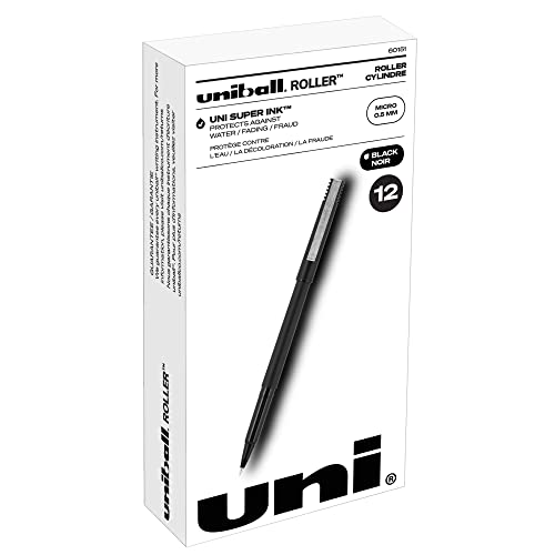 uni-ball Roller Rollerball Pens Fine Point Micro Tip, 0.5mm, Black, 12 Pack