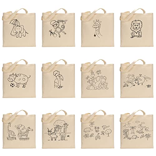 TBF 100% Cotton Canvas Coloring Fun Tote Bags for Kids, Adults, Teachers, Family Time Cute Design Reusable Painting Bags (12 PACK MIX (6 BASIC + 6 ADVANCED))