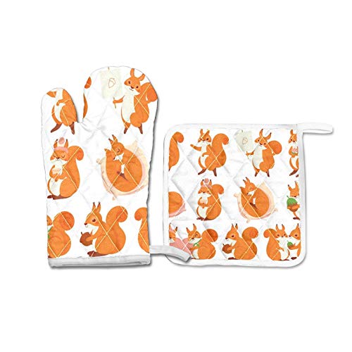 CENHOME Oven Mitts Cute Squirrel Cartoon Heart Animal Nut Orange 2 Pack Oven Gloves and Pot Holder Sets 482¨H Heat Resistant Cotton Lining Kitchen Cooking Baking Grilling BBQ