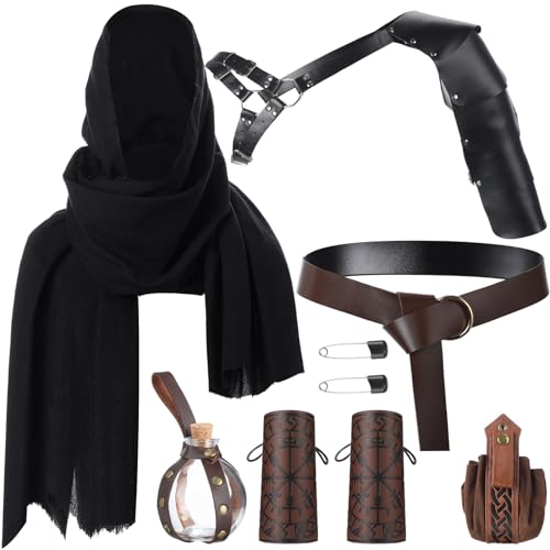 Hicarer 6 Pcs Medieval Knight Costume Accessories Men Renaissance Belt Medieval Bracers Shoulder Viking Armor Leather Belt Cape Scarf Halloween Outfit