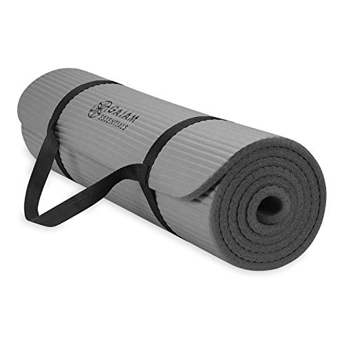 Gaiam Essentials Thick Yoga Mat Fitness & Exercise Mat with Easy-Cinch Carrier Strap, Grey, 72'L X 24'W X 2/5 Inch Thick, 10mm