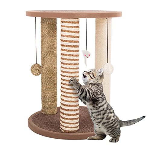 Cat Scratching Post - 3 Scratcher Posts with Carpeted Base Play Area and Perch - Furniture Scratching Deterrent for Indoor Cats by PETMAKER (Brown), Large