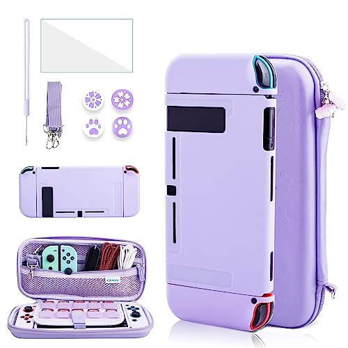 GLDRAM Purple Sakura Carrying Case for Nintendo Switch, 9 in 1 Cute Accessories Kit with Switch Travel Case, Soft TPU Cover, HD Screen Protector, Thumb Caps, Wrist Band & Shoulder Strap for Girls