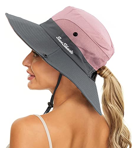 Women's Summer Sun-Hat Ponytail - UV-Protection Mesh Wide Brim Foldable Hat with Ponytail Hole (Pink, One Size)