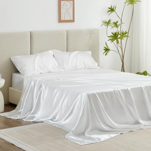 Love's cabin Satin Queen Sheets Set - 4 Piece White Silky Satin Bed Sheets Queen Set with Deep Pocket, Luxury Silk Feel Satin Queen Size Sheet Set (1 Flat Sheet,1 Fitted Sheet,2 Pillow Cases)