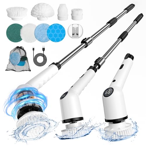 Latumab Electric Spin Scrubber with Long Handle, Cordless Bathroom Scrubber, 8 Replacement Heads, 3 Adjustable Speeds, Shower Cleaning Brush w/Adjustable & Detachable Handle for Bathtub Tile Floor