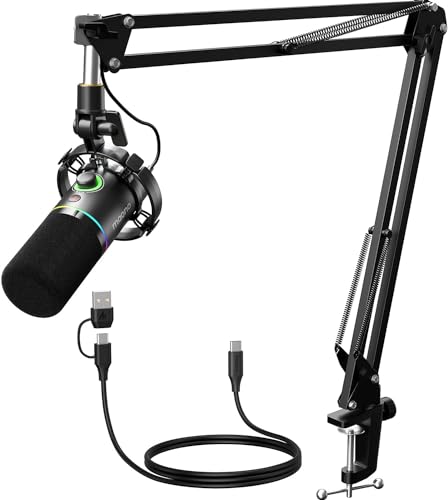 MAONO XLR/USB Dynamic Microphone Kit, RGB Podcast Mic with Software, Mute, Gain Knob, Volume Control, Boom Arm for Streaming, Gaming, Voice-Over, Recording-PD200XS Black