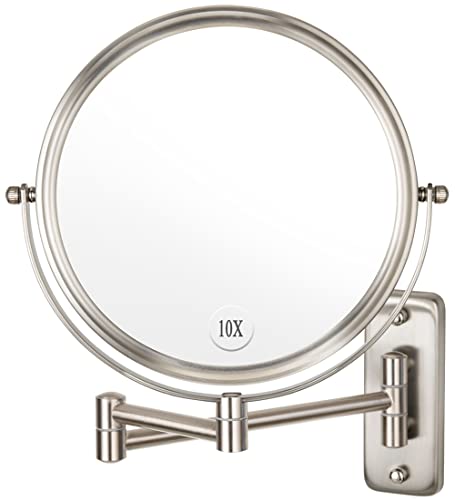 ALHAKIN Wall Mounted Makeup Mirror - 10x Magnification 8'' Two-Sided Swivel Extendable Bathroom Mirror Nickel Finish