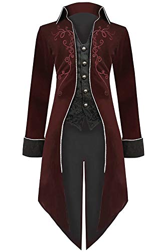 Medieval Steampunk Tailcoat Halloween Costumes for Men, Renaissance Pirate Vampire Gothic Jackets Vintage Warlock Frock Coat (L, Red)