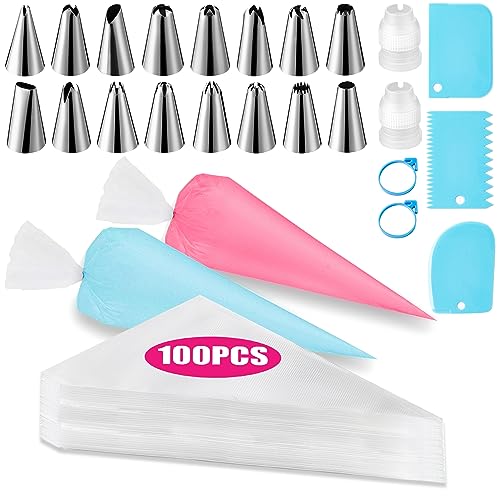 Piping Bags and Tips Set, Cakes Decorating Supplies Kit with 100pcs 12 Inch Pastry Bags, 16 Piping Tips, 3 Cake Scraper, 2 Couplers, 2 Bag Ties, Simple and Convenient Baking Supplies Set
