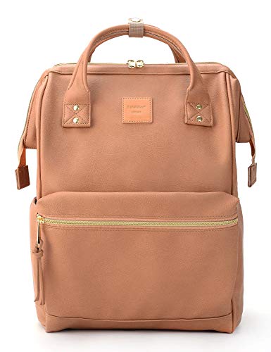 Kah&Kee Leather Backpack Diaper Bag with Laptop Compartment Travel School for Women Man (Tan Pink, Medium)