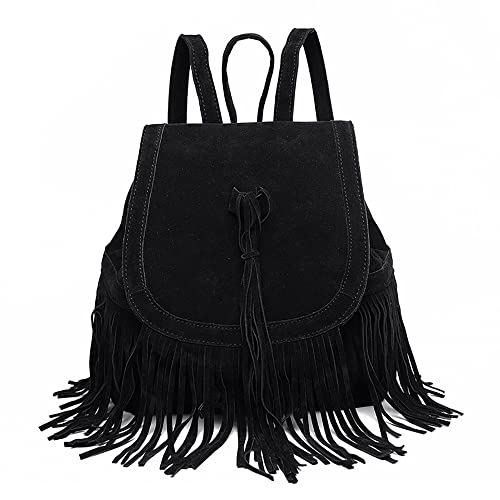 DORSPXION Womens Bucket Bag Drawstring Faux Suede Tassel Crossbody Shoulder Backpack (Black)