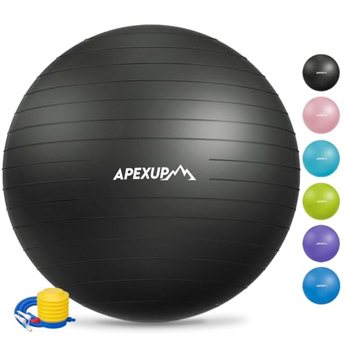 APEXUP Yoga Ball Exercise Ball, Anti Slip Stability Ball Chair, Heavy Duty Large Gym Ball for Fitness, Balance, Core Workout and Physical Therapy (M (19'~22'') 55cm, Black)
