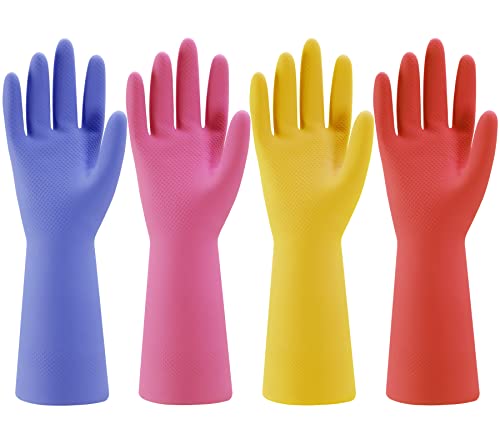 Bamllum Rubber Kitchen Dishwashing Gloves - 4 Pairs Colorful Reusable Household Cleaning Gloves for Washing Dishes and Cleaning Tasks, Flexible Durable and Non-Slip (Medium, Blue+Pink+Yellow+Orange)