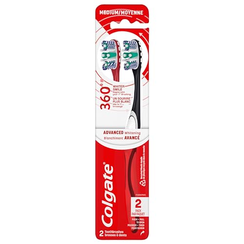 Colgate 360 Optic White Advanced Whitening Toothbrush, Adult Medium Toothbrush with Whitening Cups, Helps Whiten Teeth and Removes Odor Causing Bacteria, 2 Pack