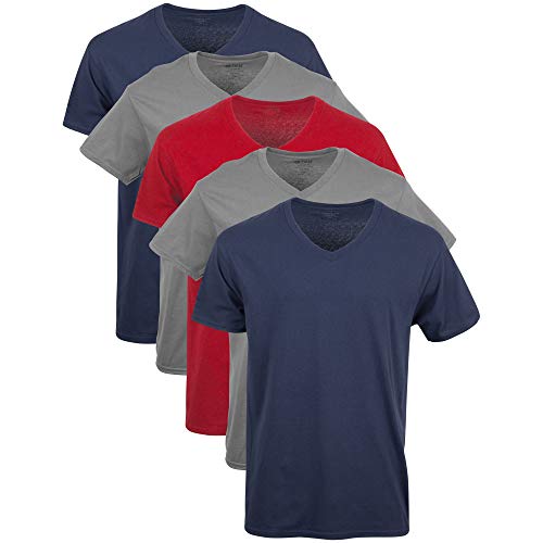 Gildan Men's V-Neck T-Shirts, Multipack, Style G1103, Navy/Charcoal/Cardinal Red (5-Pack), X-Large