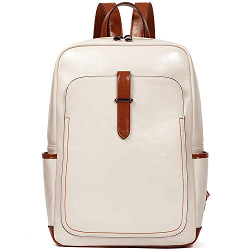 BROMEN Leather Laptop Backpack for Women 15.6 inch Computer Backpack Business Travel Professional Work Daypack College Bag Beige