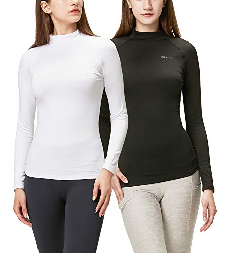 DEVOPS Women's 2 Pack Thermal Turtle Long Sleeve Shirts Compression Baselayer Tops (X-Large, Black/White)