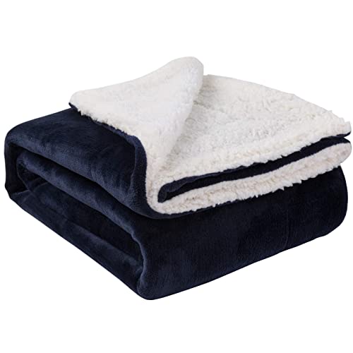 NANPIPER Sherpa Blanket, Super Soft Fuzzy Flannel Fleece/Wool Like Reversible Velvet Plush Blanket, Thick Warm Blanket for Winter (Twin Size 60'x80', Navy Blue)