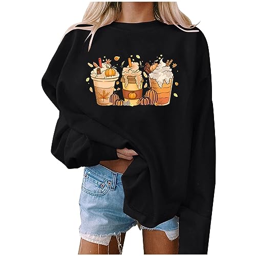 symoid women costumes for halloween Funny Halloween Sweatshirts for Women Long Sleeve Pullover Tops Milk Tea Cup Print Round Neck Cute Shirts Black L