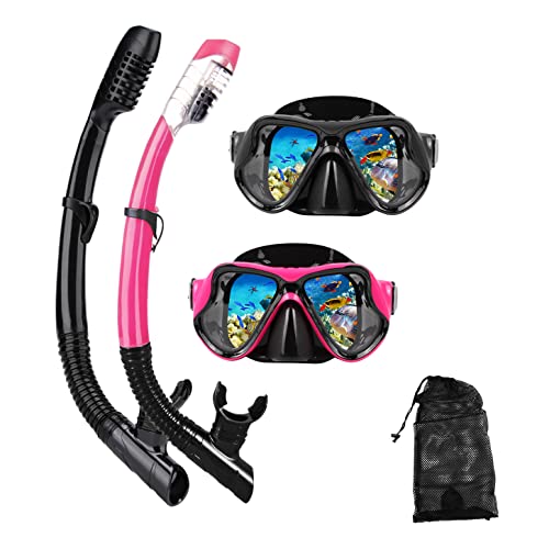 DIPUKI Snorkeling Gear for Adults Snorkel mask Set Scuba Diving mask Dry Snorkel Swimming Glasses Swim Dive mask Nose Cover Youth Free Diving (Black+Pink（2 Pack）)