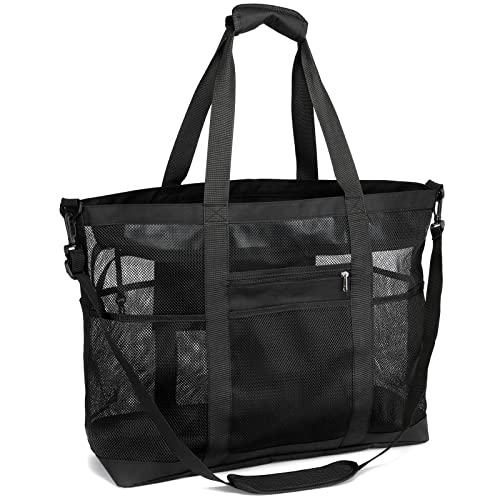 F-color Mesh Beach Bag - 9 Pockets Oversized Beach Tote Bag with Zipper Pool Bag, Black