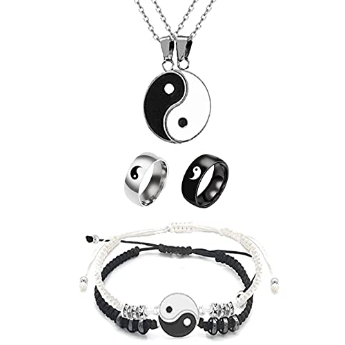 6 pieces Yin Yang Adjustable Cord Bracelet Set for Couple Yin Yang Matching Pendant Necklace for BFF Yin Yang Tai Chi Ring Band for Friendship Boyfriend Girlfriend (N Yin Yang Set, one size)