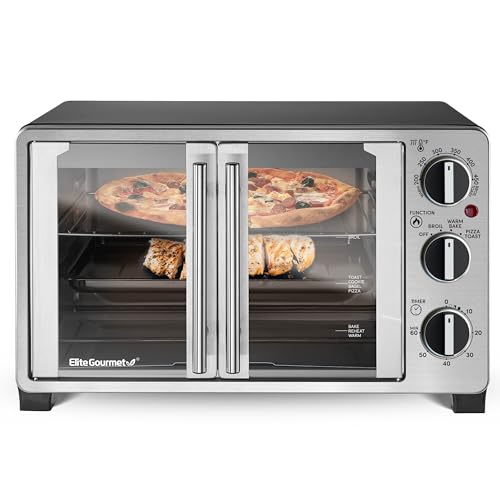 Elite Gourmet ETO2530M Double French Door Countertop Toaster Oven, Bake, Broil, Toast, Keep Warm, Fits 12' pizza, 25L capacity, Stainless Steel & Black