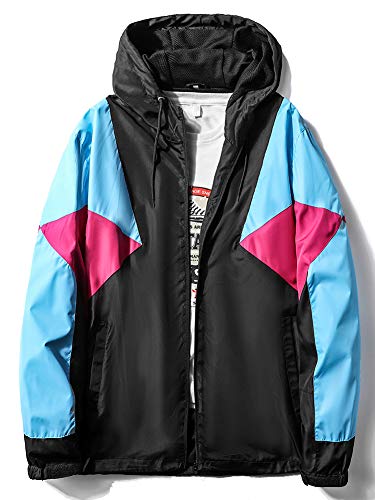 MADHERO Mens Windbreaker Jacket Lightweight 90s Retro Wind Breakers Black Blue Rose Red Size L