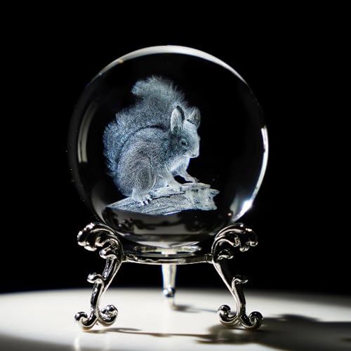 HDCRYSTALGIFTS 3D Crystal Ball 2.4inch Laser Engraved Crystal Squirrel Figurine Collectibles Paperweight Glass Sphere Ornament Decorative Balls