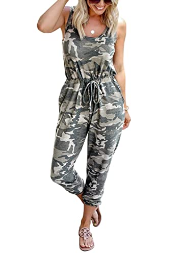 KIRUNDO Women's 2024 Summer Jumpsuits Casual Sleeveless Jumpsuit Drawstring Waist Long Pant Romper Pajama with Pockets(Medium, Camouflage)