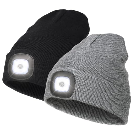 Unisex LED Beanie Hat with Light, Winter Knitted Night Light Lighted Hat,USB Rechargeable Hands Free LED Headlight Women Men Gifts for Dad Him Husband(2-Pack) Black/Grey