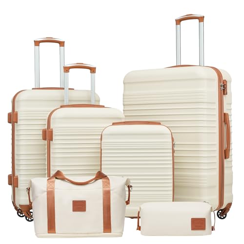 Coolife Luggage Set 3 Piece Luggage Set Carry On Suitcase Hardside Luggage with TSA Lock Spinner Wheels(White, 6 piece set)