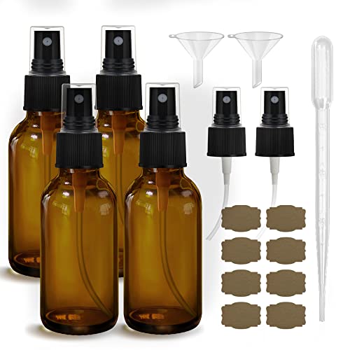 GIVAMEIHF Amber Spray Bottles about 4oz Amber Small Empty Spray Bottle Fine Mist Spray Refillable Containers, Set of 4, Included 6 Sprinkler, 2 Funnels,1 Droppers, 8 Labels