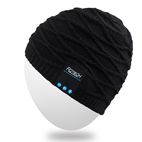 Rotibox Rechargeable Bluetooth Audio Beanie Hat Fashional Double Knit Skully Cap w/Wireless Stereo Headphone Headset Earpiece Speakerphone Mic for Sports Skating Hiking Camping - Black