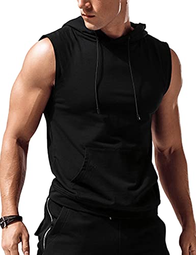 Amussiar Men's Cotton Sleeveless Hoodie Bodybuilding Hooded Tank Top Gym Fitness Casual Workout Vest Black