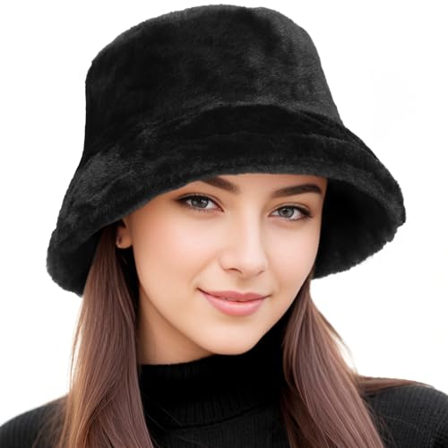 Faux Fur Winter Bucket Hat for Women Men Fluffy Warm Hat Women's Furry Fisherman Cap for Casual, Trips, Sports, Skiing, Black