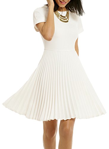 WOOSEA Women's Elegant Pleated Short Sleeves Cocktail Party Swing Dress White