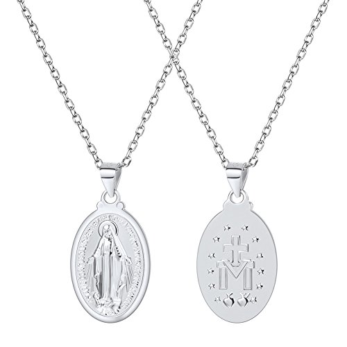 U7 925 Sterling Silver Virgin Mary Necklace Pendant with 20' Chain Catholic Gift for Women Gilrs Oval Miraculous Medal Jewelry