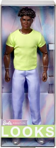 Barbie Looks Ken Doll, Collectible No. 25 with Curly Black Hair and Modern Y2K Fashion, Chartreuse Tee and Pastel Trousers with Silver Boots