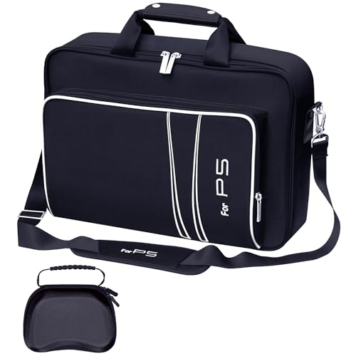 omarando Gaming Console Carrying Case,Compatible with PS5 or PS5 Slim,Travel Carrying Bag for Game Controller and Accessories,Included Controller Protective Box (Black-White)