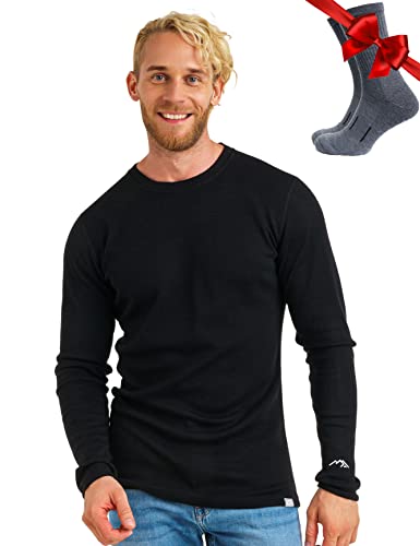 Merino.tech Merino Wool Base Layer - Mens 100% Merino Wool Long Sleeve Thermal Shirts Heavyweight + Socks(Medium, 320 Black)