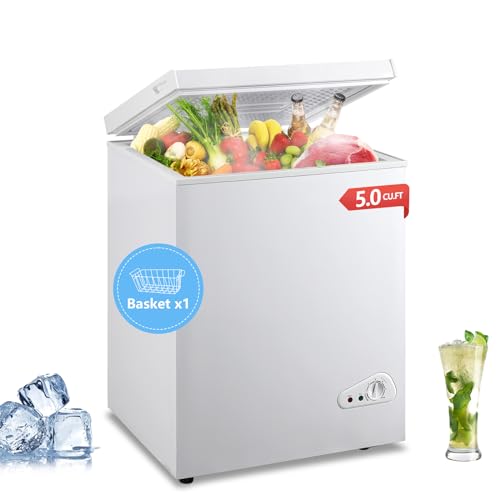 EUASOO 5 Cu.Ft Chest Freezer with a Removable Basket 7 Gears Adjustable Temperature Control(-18°F to -46°F), Deep Compact Freezer for Garage, Office, Basement, House, Kitchen, Shop, RVs-White