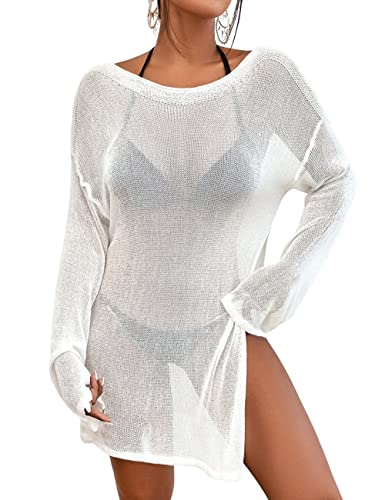 Bsubseach Women's Bathing Suit Cover Up Crochet Top Swimwear See Through Sheer Beach Dresses White