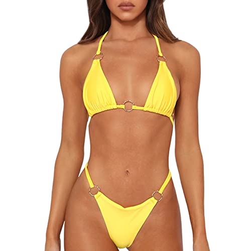 MIKETAI Sexy Bikinis for Women 2 Piece Bikini Spaghetti Strap Swimsuits Solid Color Bathing Swimwear Triangle Bathing Suit (Yellow L)