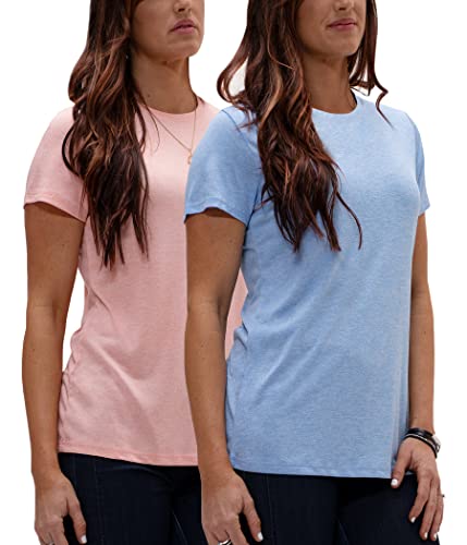 DEVOPS Women's 2 Pack UPF 50+ Sun Protection Short Sleeve Shirts Outdoor Fishing Hiking Running Lightweight T-Shirt (H.Fiery Coral/H.Cobalt, Small)