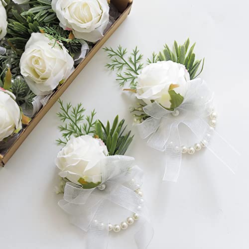Floroom Set of 6 Ivory Rose Wrist Corsage Wristlet Band Bracelet for Women Bride Bridesmaid White Wedding Prom