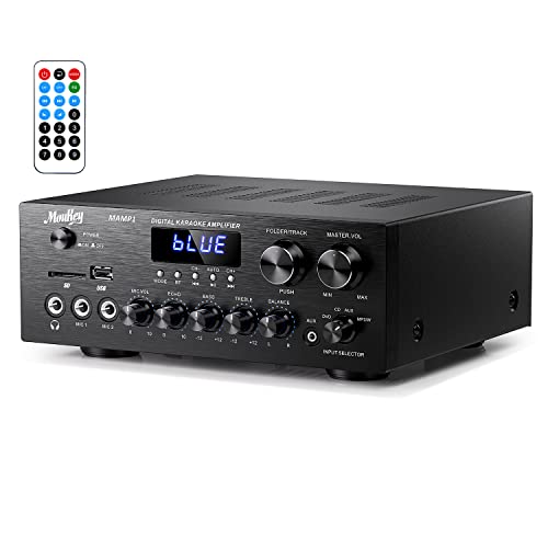 Moukey Home Audio Amplifier Stereo Receivers with Bluetooth 5.0, 400W 2.0 Channel Power Amplifier Stereo System w/USB, SD, AUX, RCA, MIC in w/Echo, LED for Karaoke, Home Theater Speakers - MAMP1